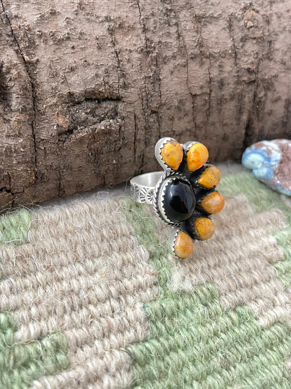 "Halloween Collection" Handmade Sterling Silver Black Onyx, Bumblebee Adjustable Ring with Signed Nizhoni