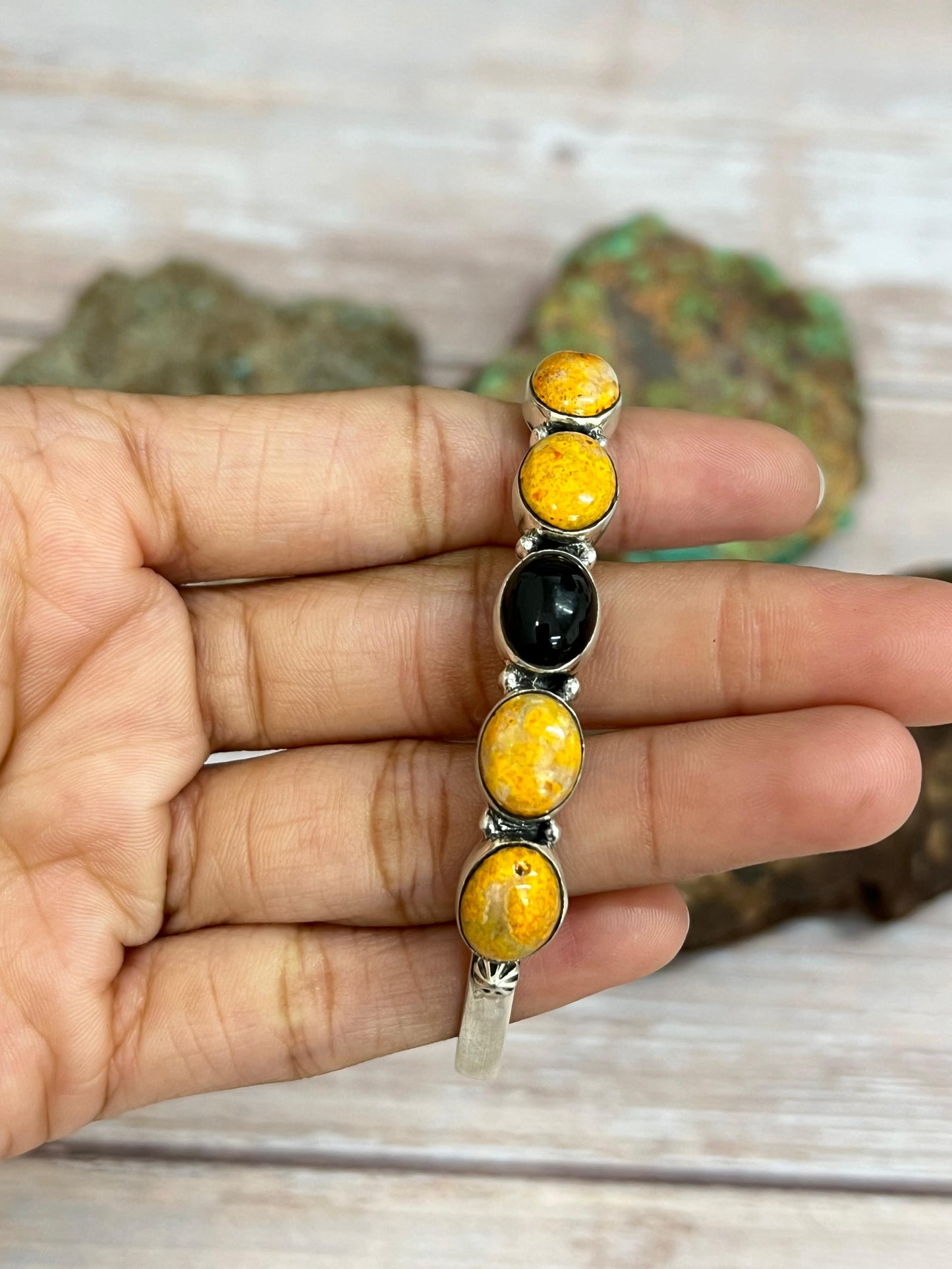 "Halloween Collection" Handmade Sterling Silver Black Onyx, Bumblebee Cuff Bracelet with Signed Nizhoni