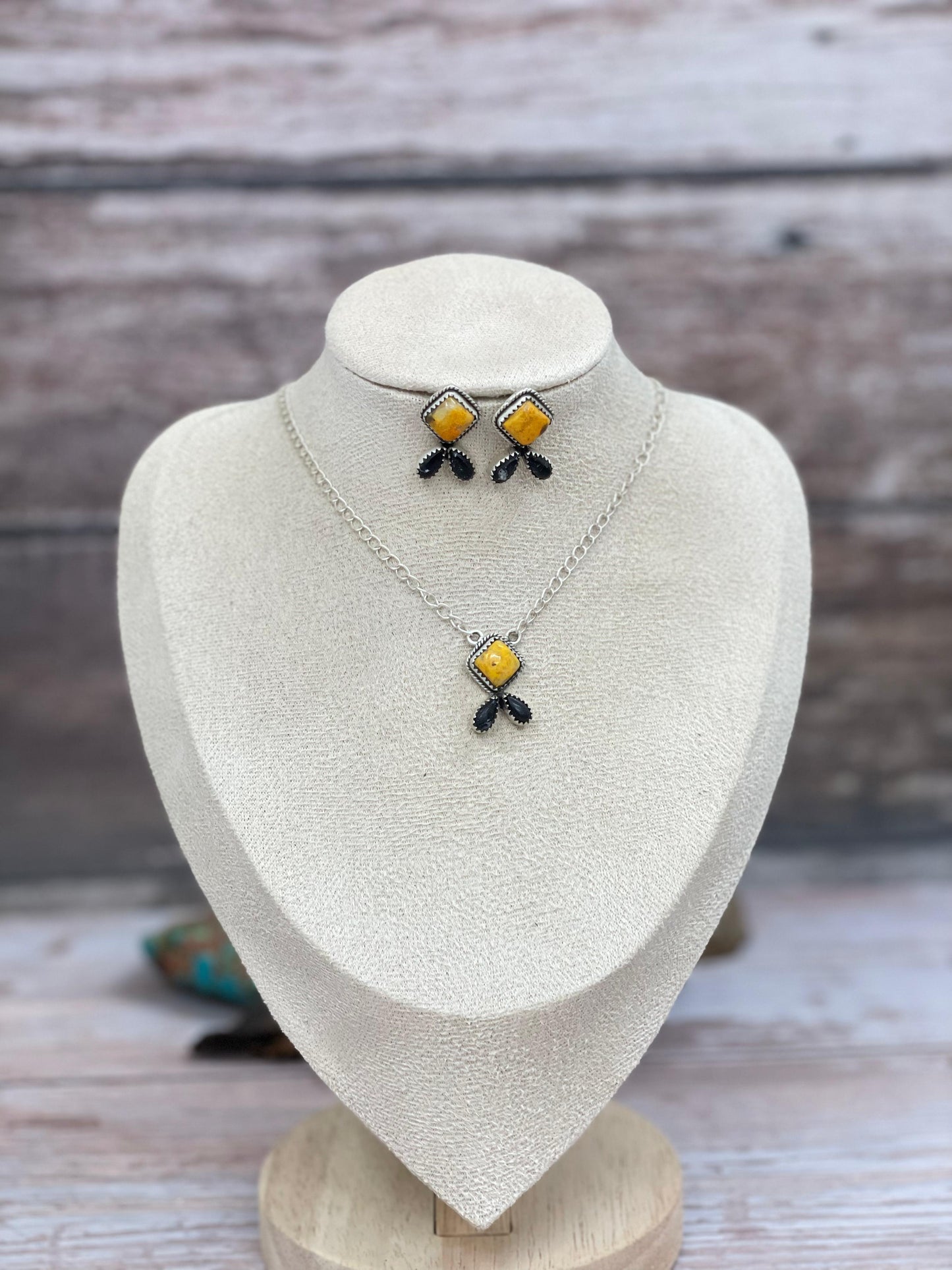 "Halloween Collection" Handmade Sterling Silver Black Onyx, Bumblebee Necklace Earring Set, Signed Nizhoni