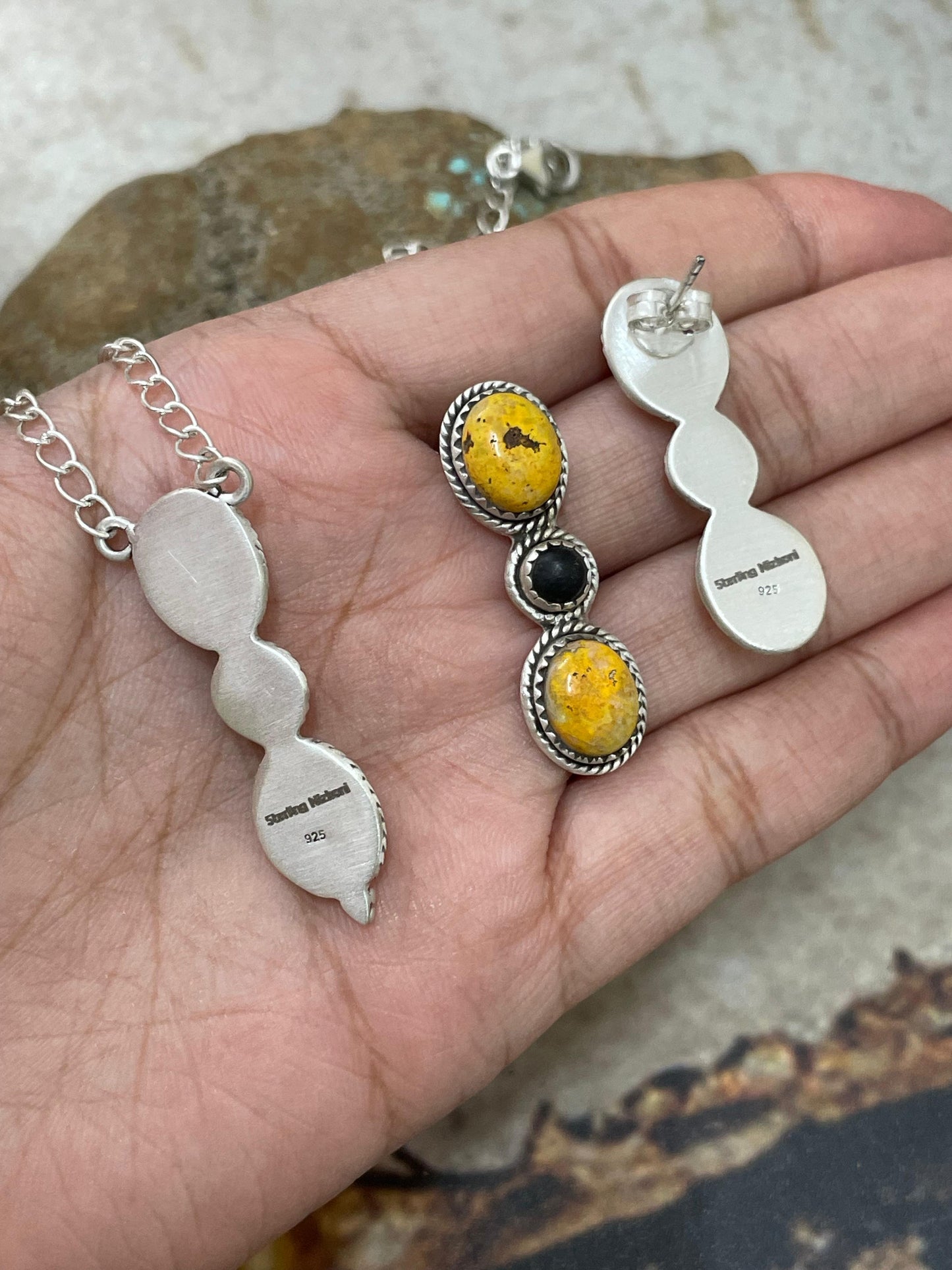 "Halloween Collection" Handmade Sterling Silver Black Onyx, Bumblebee Necklace with Signed Nizhoni