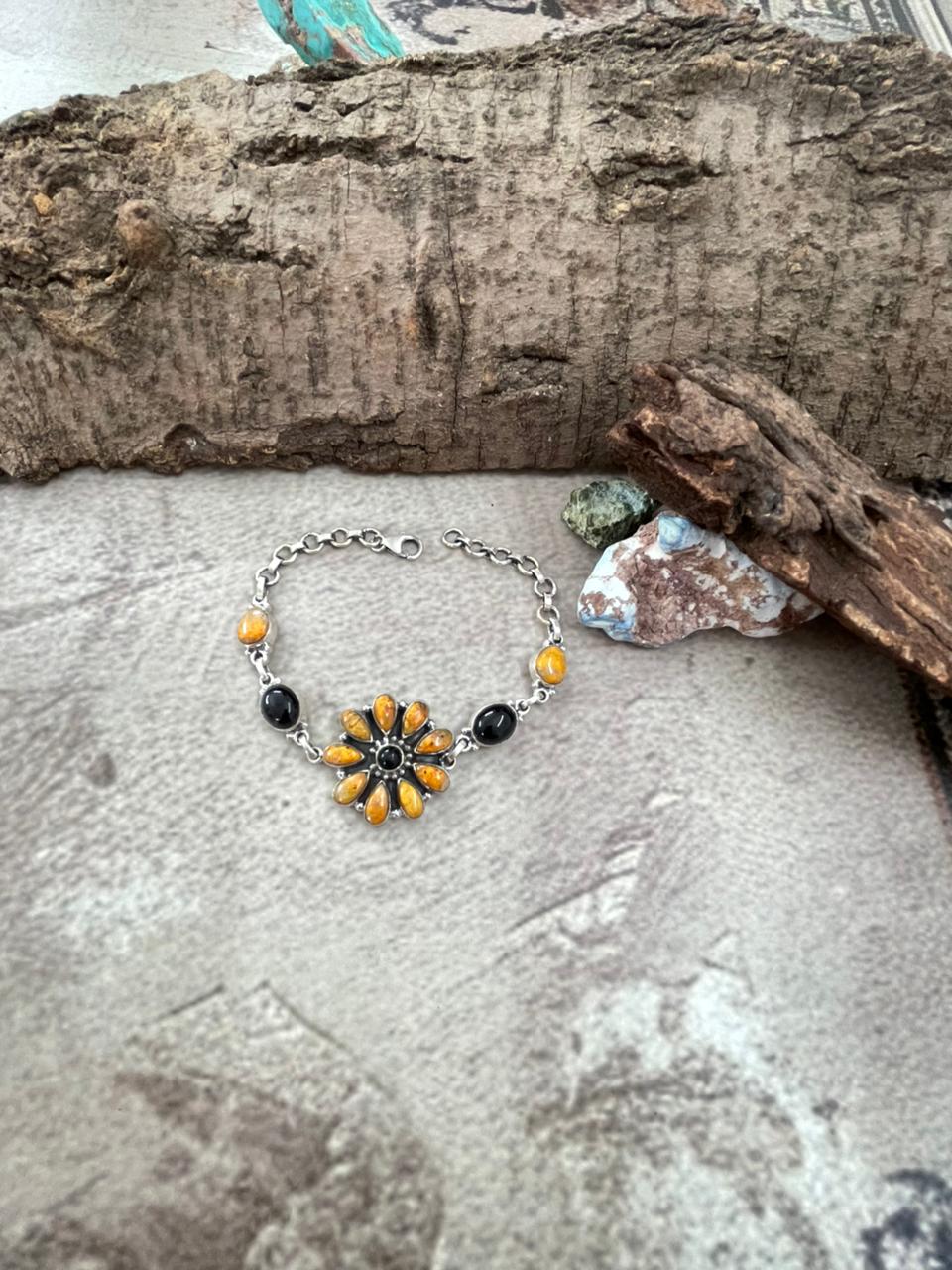 "Halloween Collection" Handmade Sterling Silver Black Onyx, Bumblebee Chain Bracelet with Signed Nizhoni