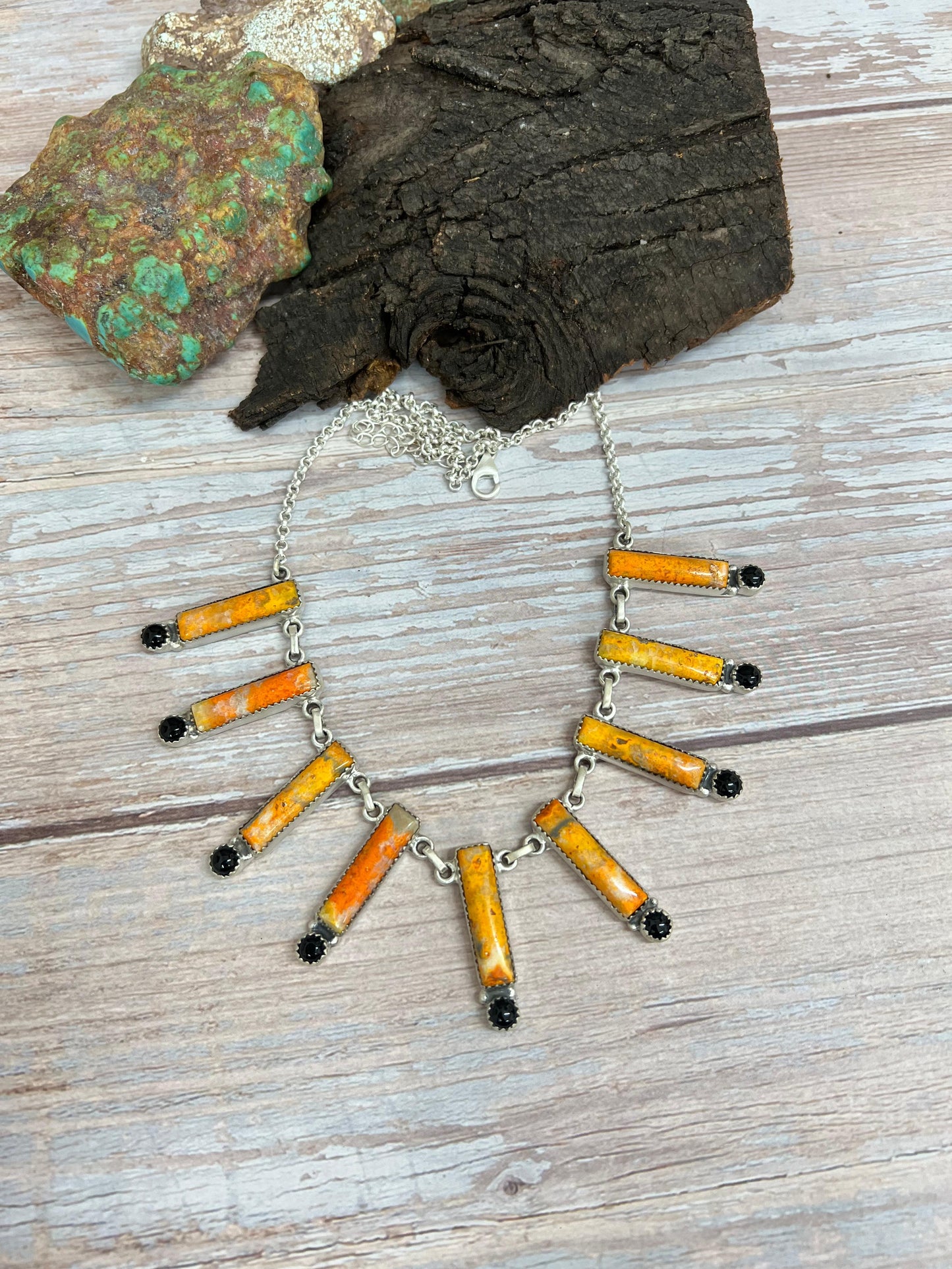 "Halloween Collection" Handmade Sterling Silver Black Onyx, Bumblebee Necklace with Signed Nizhoni