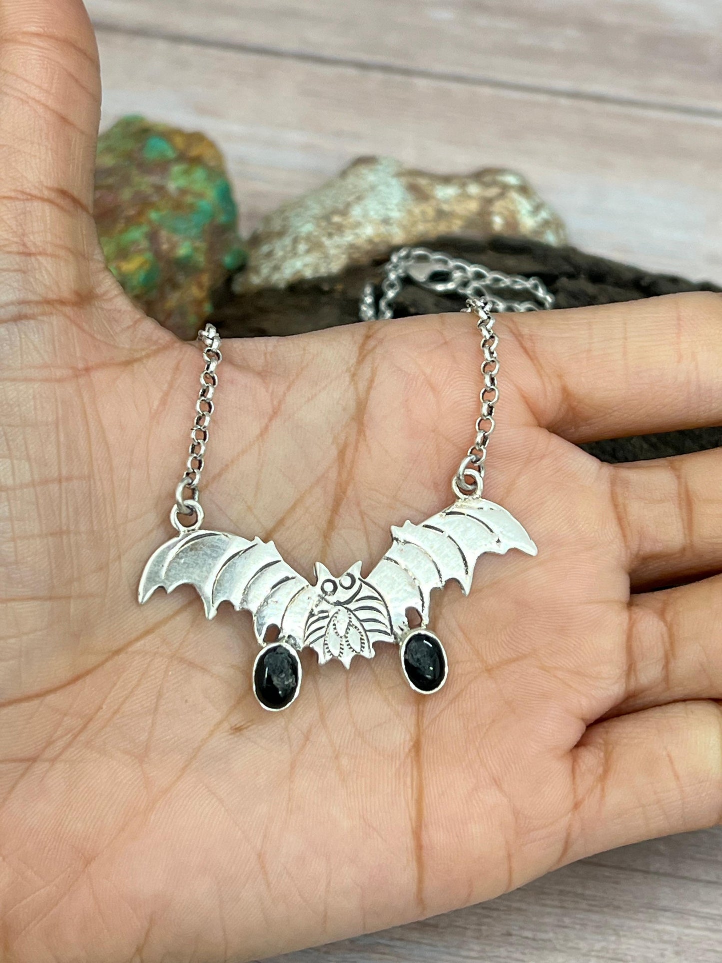 "Halloween Collection" Handmade Sterling Silver Black Onyx Bat Necklace with Signed Nizhoni