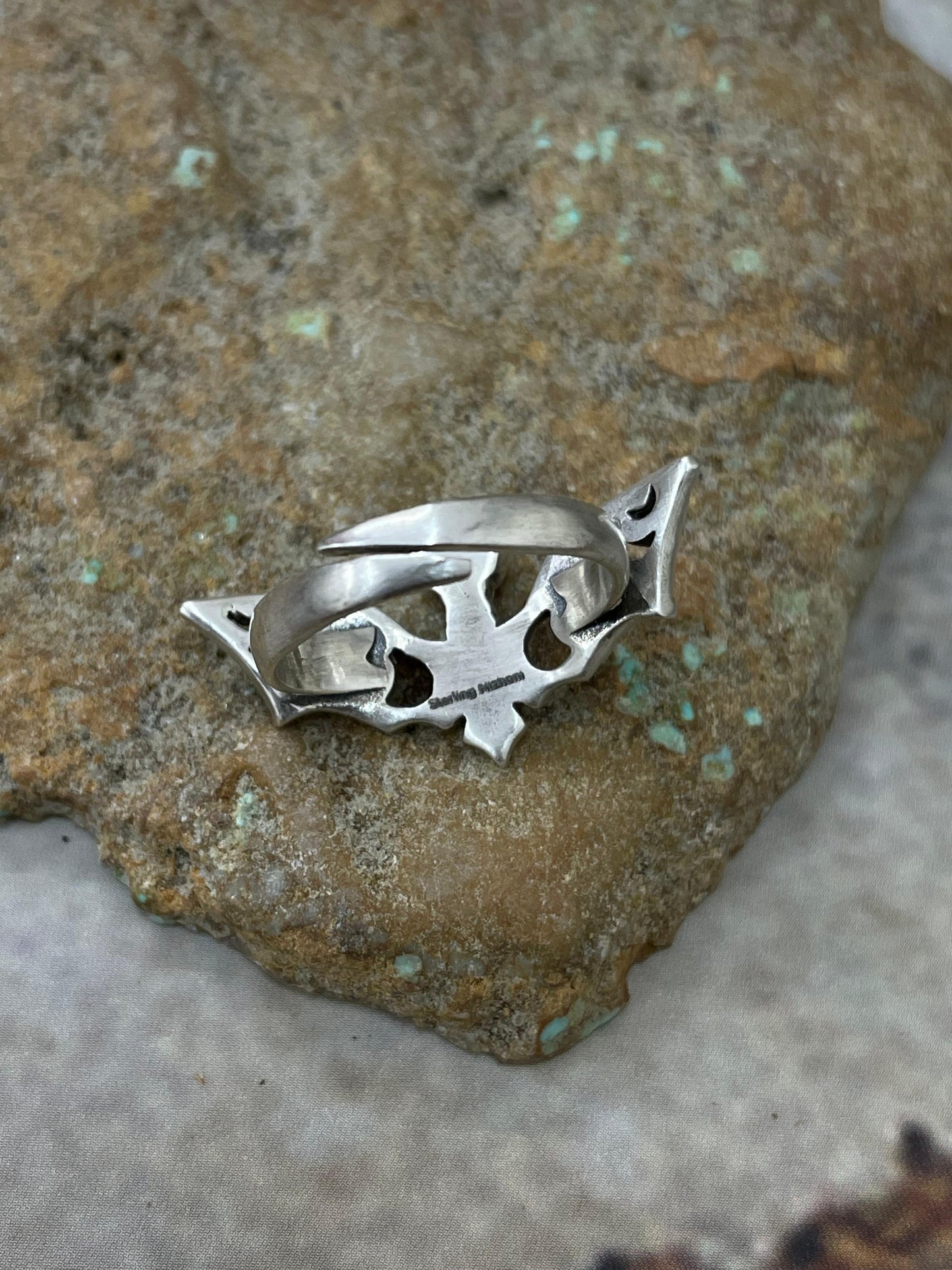 "Halloween Collection" Handmade Sterling Silver Black Onyx Bat Ring with Signed Nizhoni