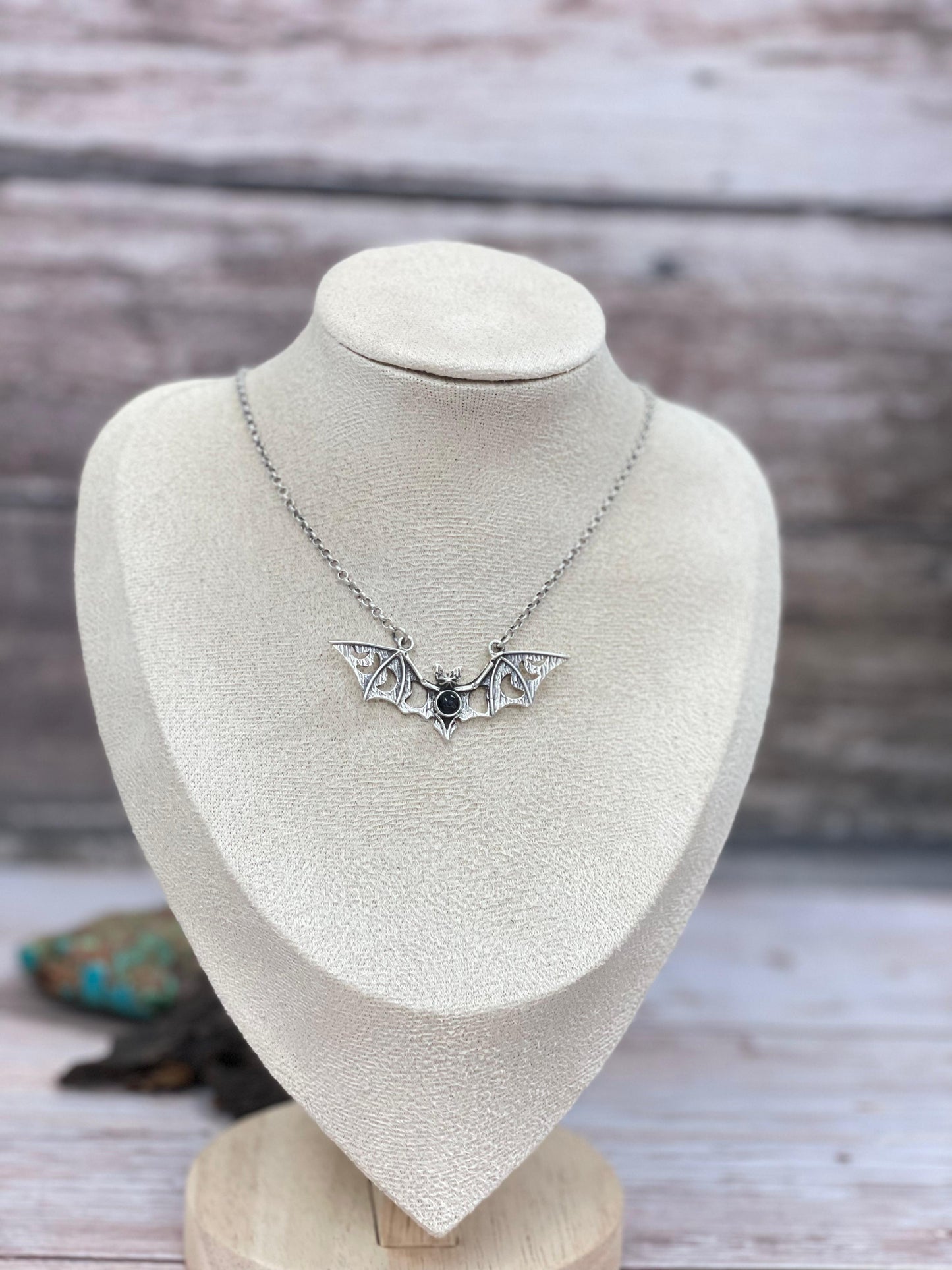 "Halloween Collection" Handmade Sterling Silver Black Onyx Bat Necklace with Signed Nizhoni