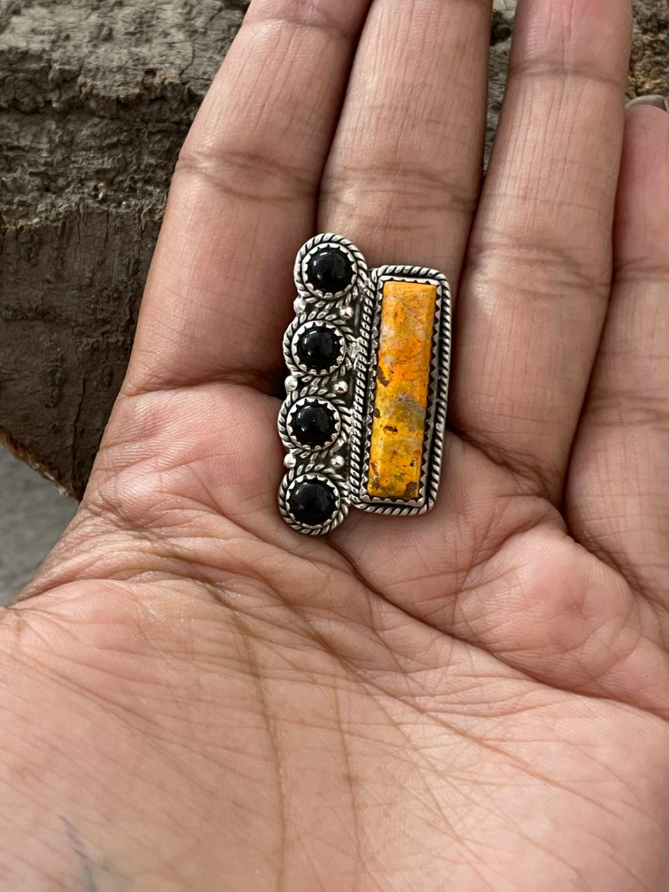 "Halloween Collection" Handmade Sterling Silver Black Onyx, Bumblebee Adjustable Ring with Signed Nizhoni