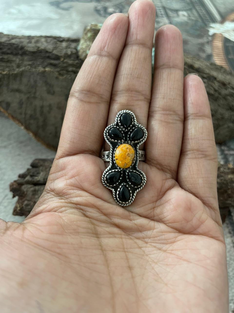 "Halloween Collection" Handmade Sterling Silver Black Onyx, Bumblebee Adjustable Ring with Signed Nizhoni