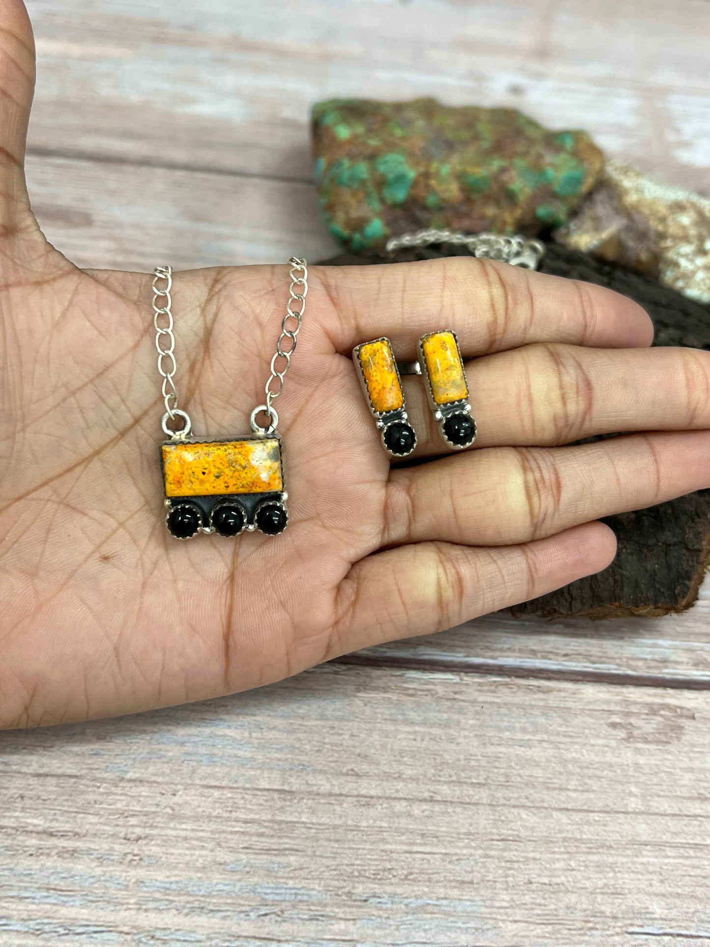 "Halloween Collection" Handmade Sterling Silver Black Onyx, Bumblebee Necklace with Signed Nizhoni