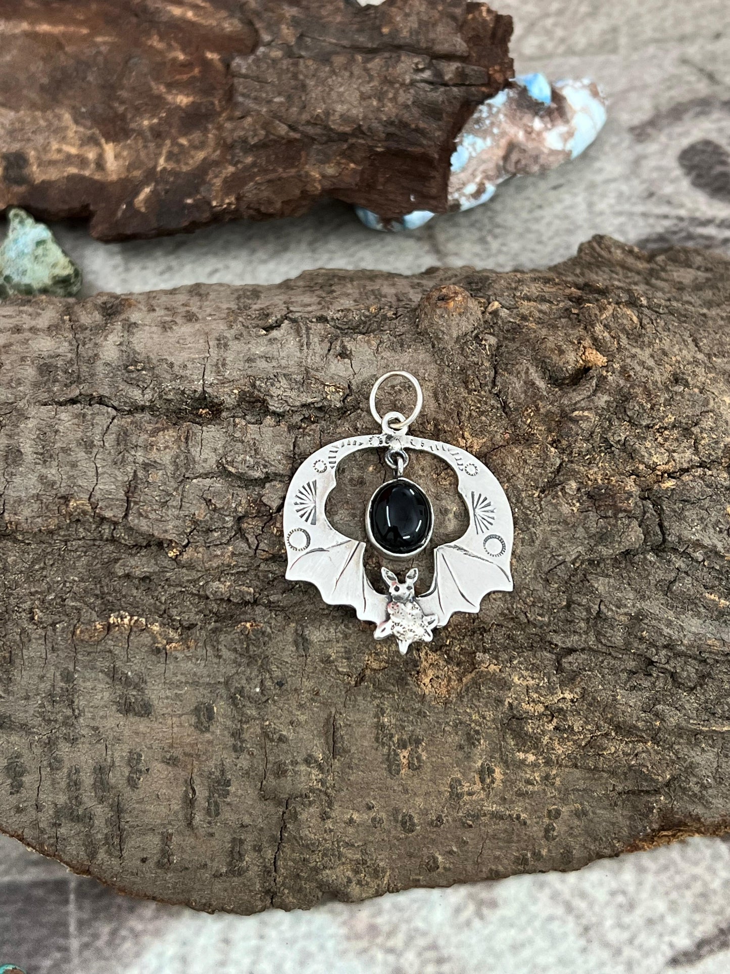"Halloween Collection" Handmade Sterling Silver Black Onyx Bat Pendant with Signed Nizhoni
