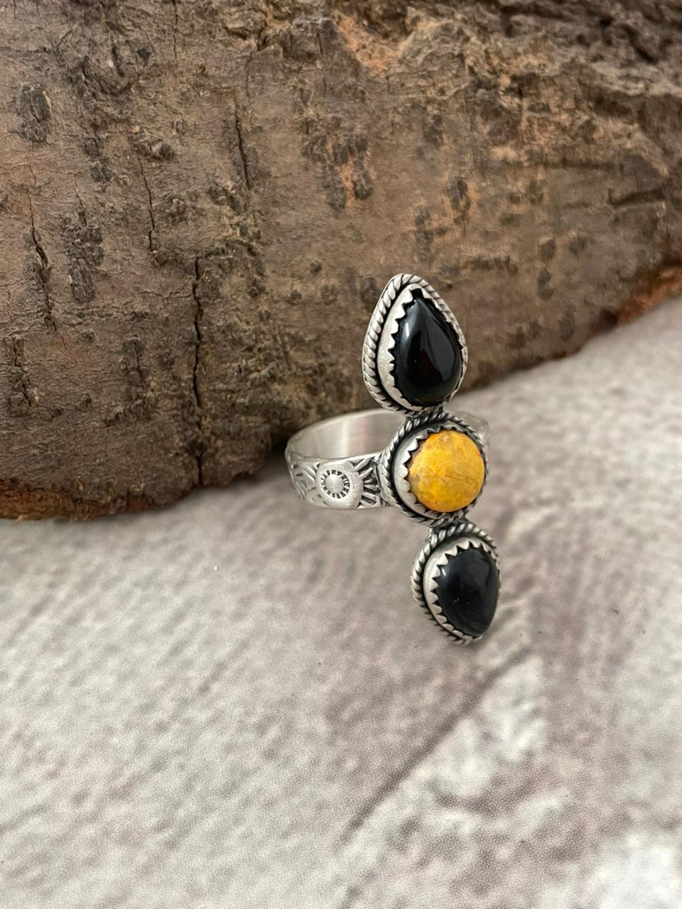 "Halloween Collection" Handmade Sterling Silver Black Onyx, Bumblebee Adjustable Ring with Signed Nizhoni