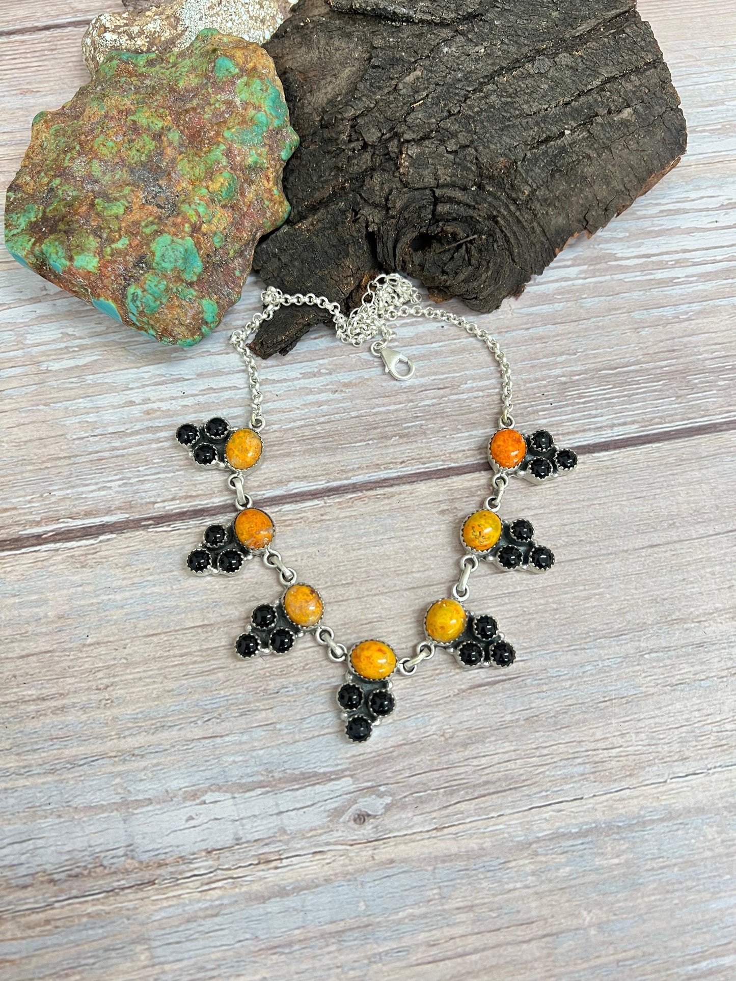 "Halloween Collection" Handmade Sterling Silver Black Onyx, Bumblebee Necklace with Signed Nizhoni