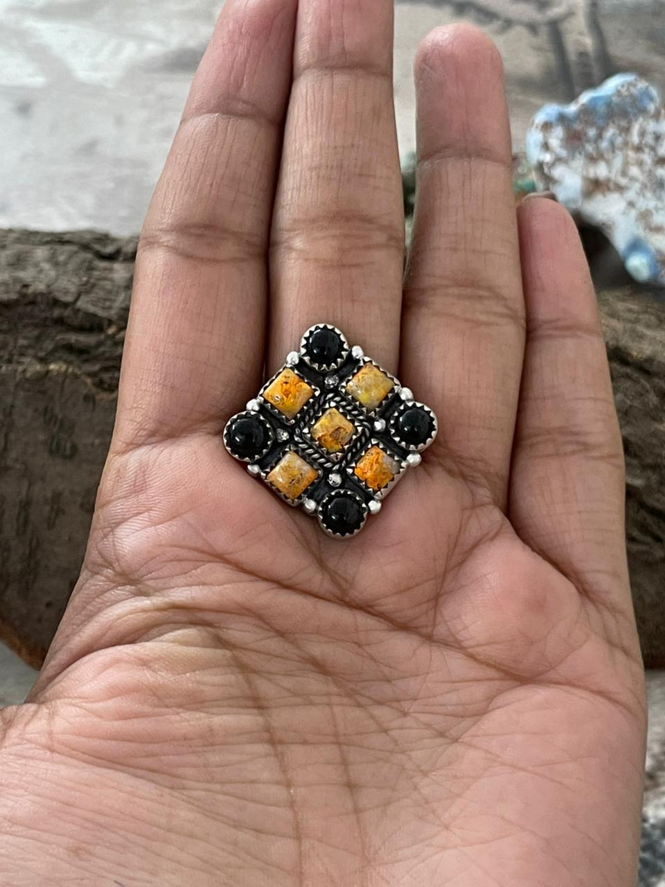 "Halloween Collection" Handmade Sterling Silver Black Onyx, Bumblebee Ring with Signed Nizhoni