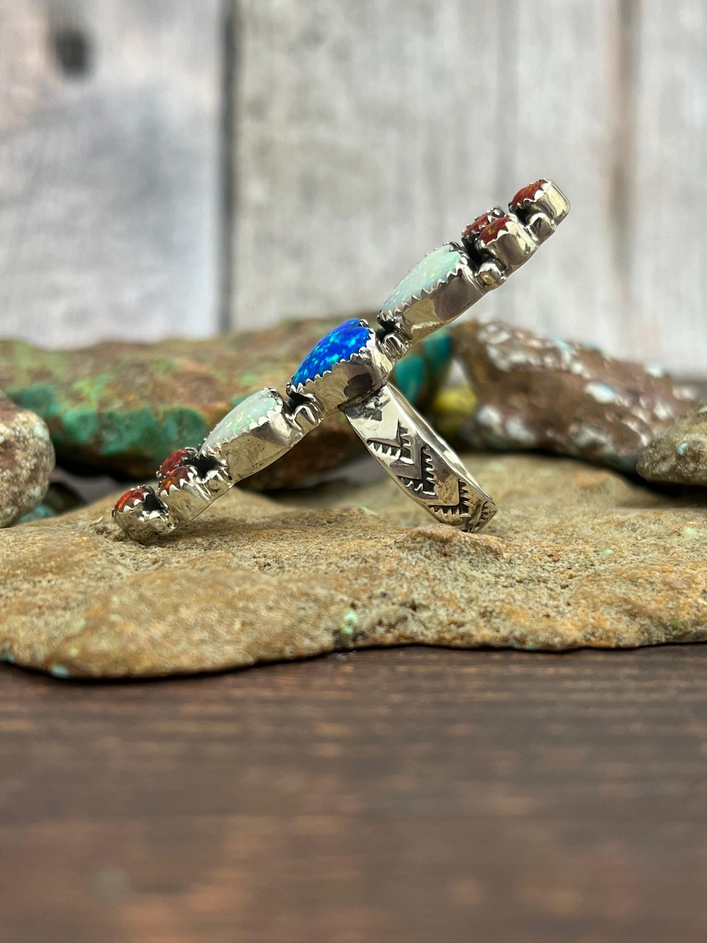 ** 4TH OF JULY ** Handmade Sterling Silver Synthetic Opal Adjustable Ring with Signed Nizhoni
