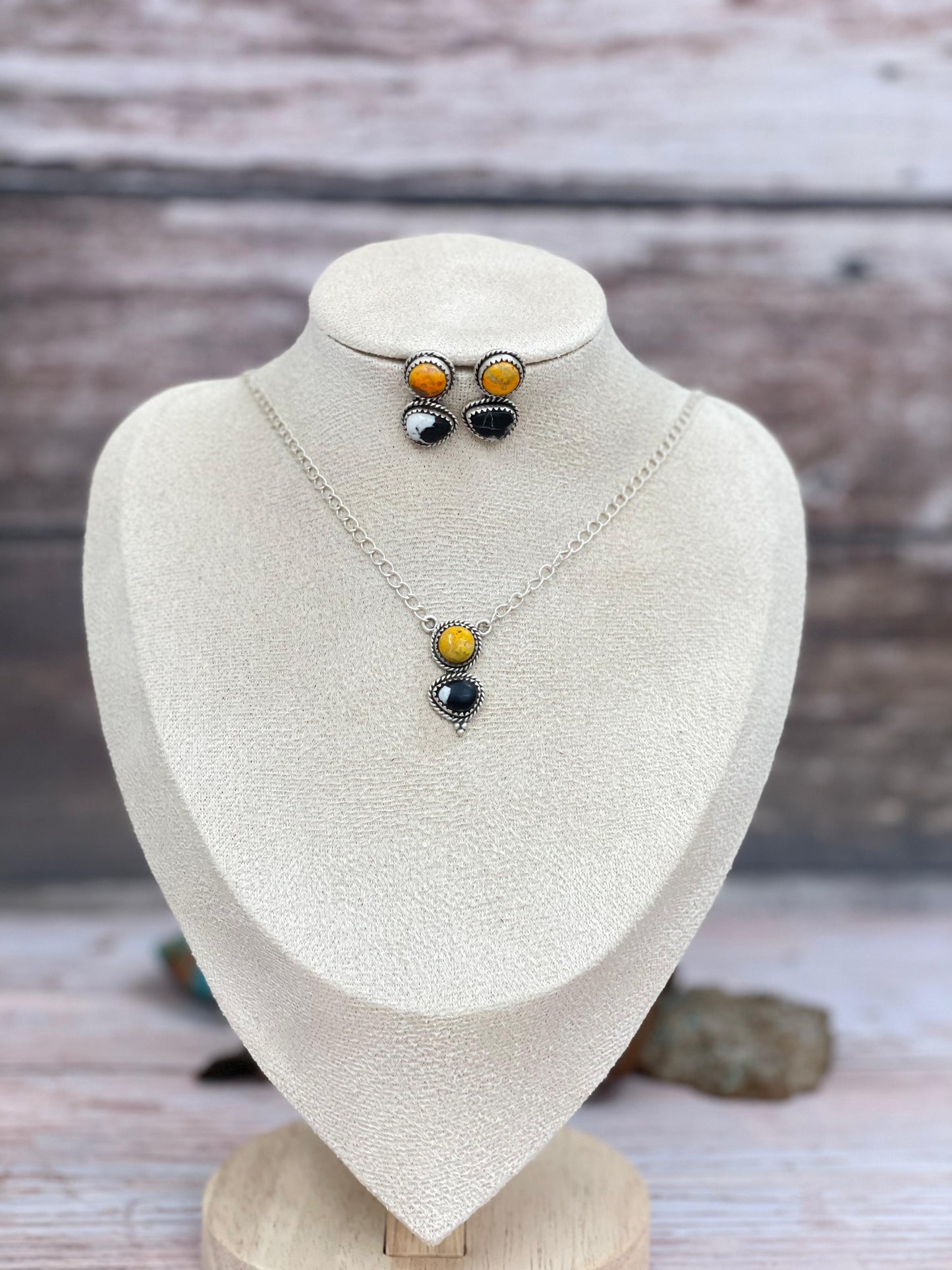 "Halloween Collection" Handmade Sterling Silver White Buffalo, Bumblebee Necklace with Signed Nizhoni