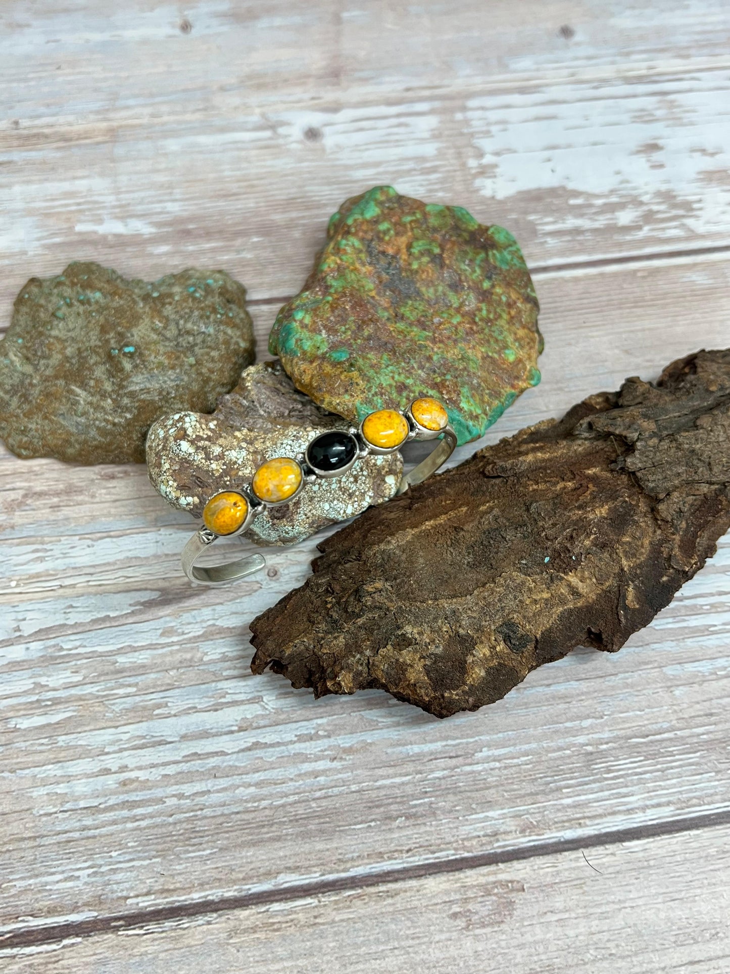 "Halloween Collection" Handmade Sterling Silver Black Onyx, Bumblebee Cuff Bracelet with Signed Nizhoni