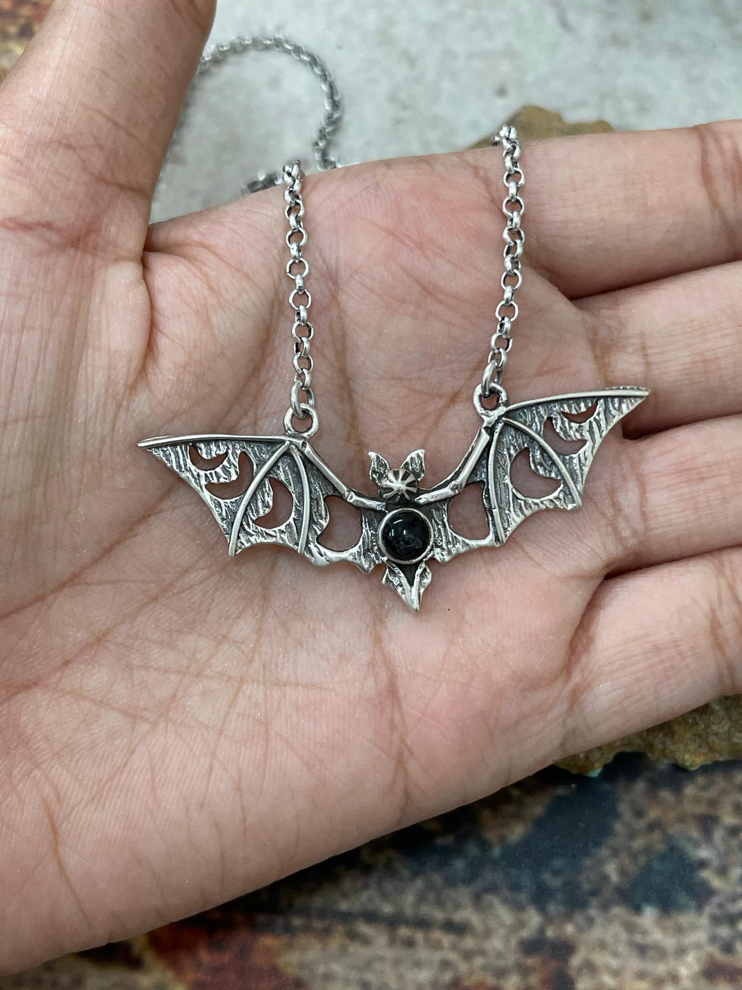 "Halloween Collection" Handmade Sterling Silver Black Onyx Bat Necklace with Signed Nizhoni