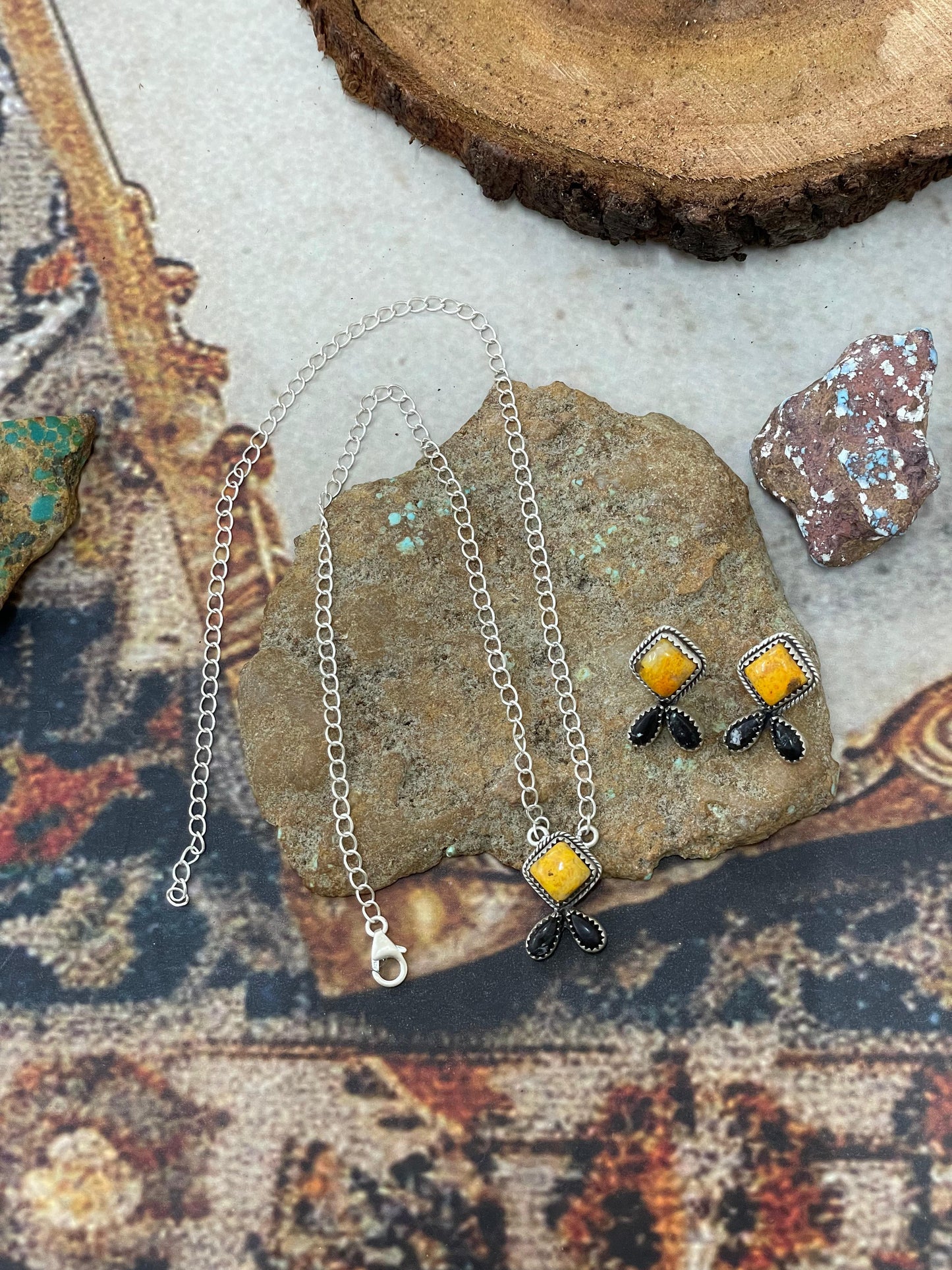 "Halloween Collection" Handmade Sterling Silver Black Onyx, Bumblebee Necklace Earring Set, Signed Nizhoni