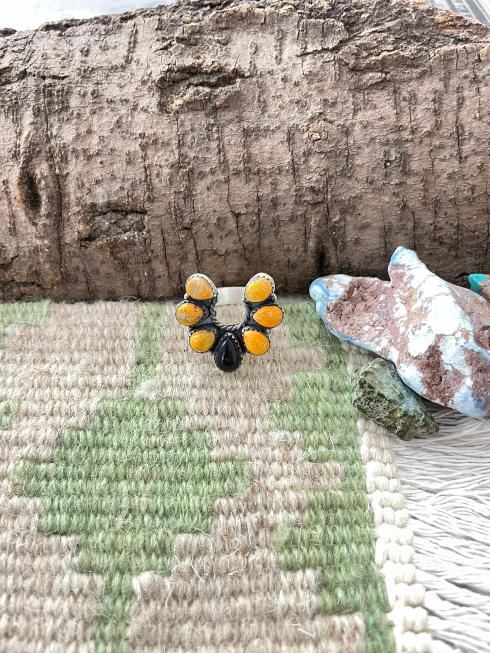 "Halloween Collection" Handmade Sterling Silver Black Onyx, Bumblebee Naja Adjustable Ring with Signed Nizhoni