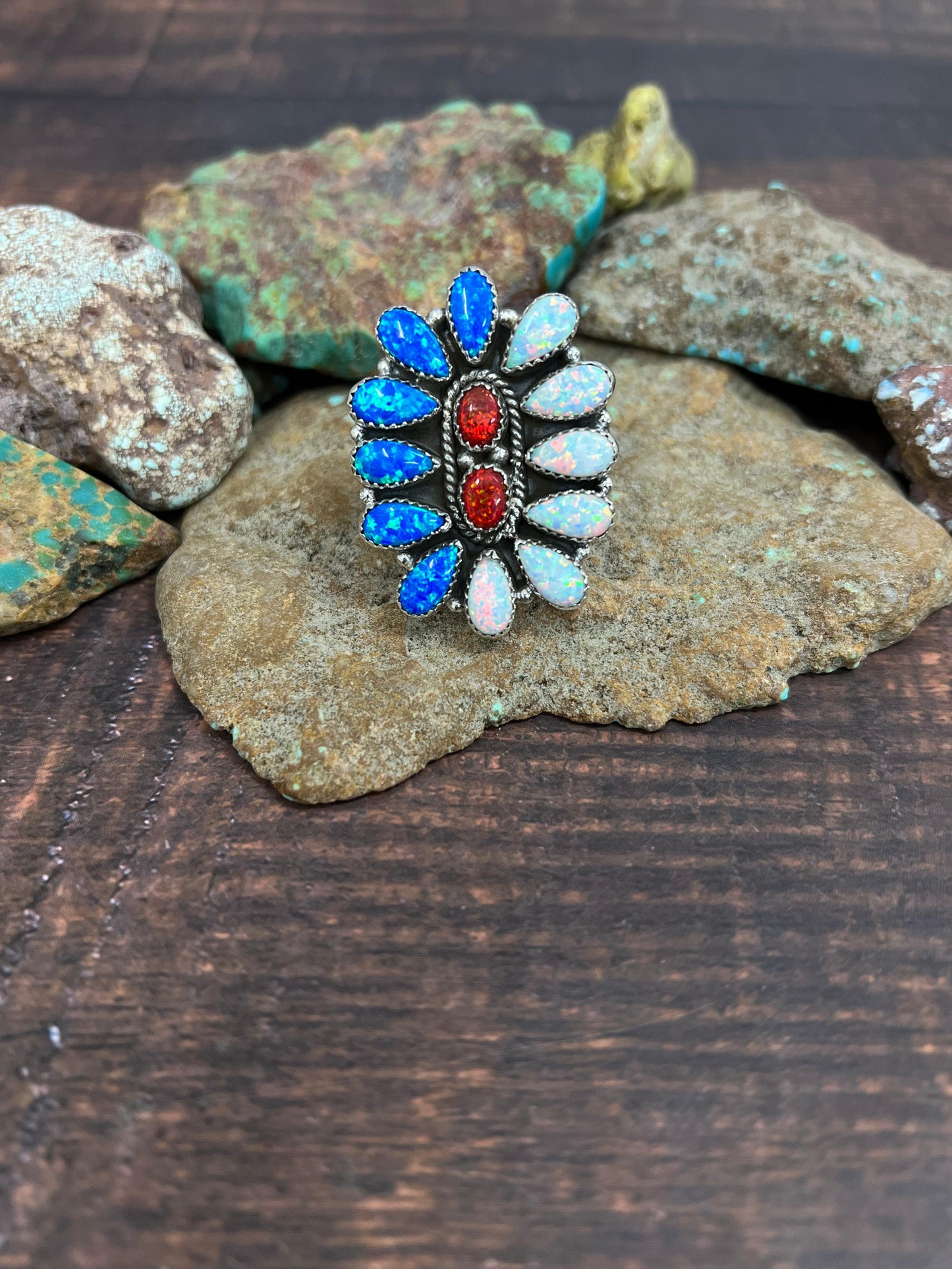 ** 4TH OF JULY ** Handmade Sterling Silver Synthetic Opal Adjustable Ring with Signed Nizhoni