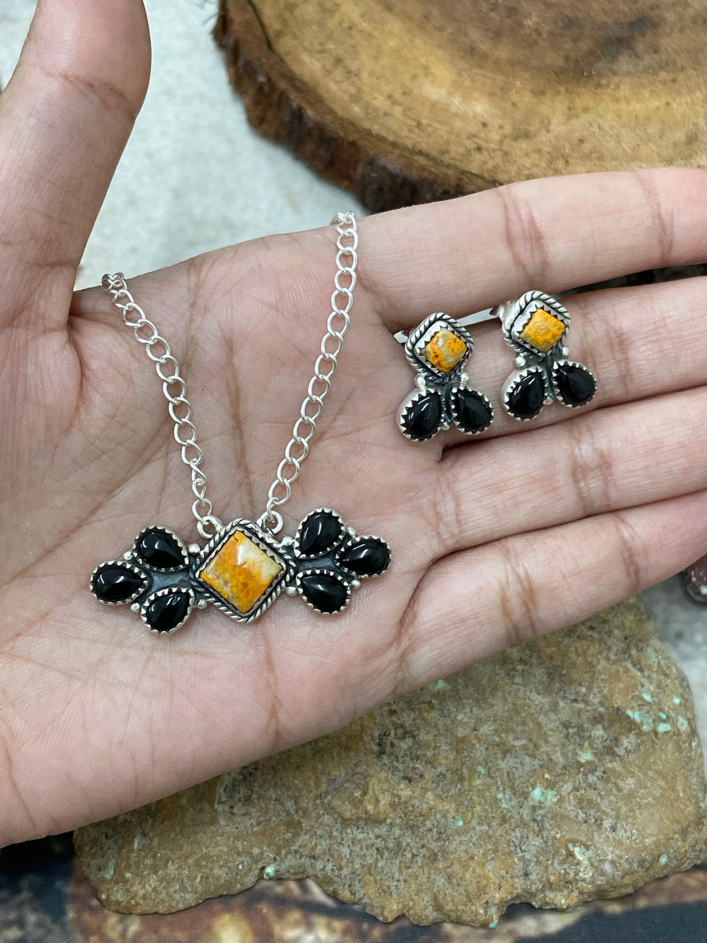 "Halloween Collection" Handmade Sterling Silver Black Onyx, Bumblebee Necklace with Signed Nizhoni