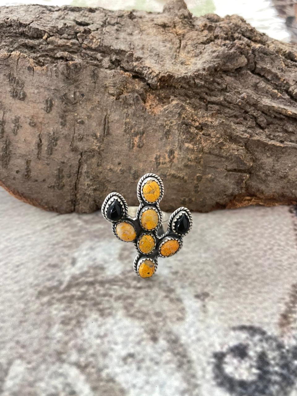"Halloween Collection" Handmade Sterling Silver Black Onyx, Bumblebee Cactus Adjustable Ring with Signed Nizhoni
