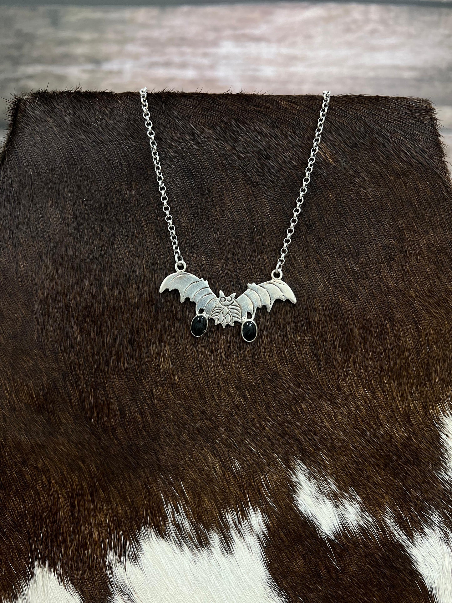 "Halloween Collection" Handmade Sterling Silver Black Onyx Bat Necklace with Signed Nizhoni