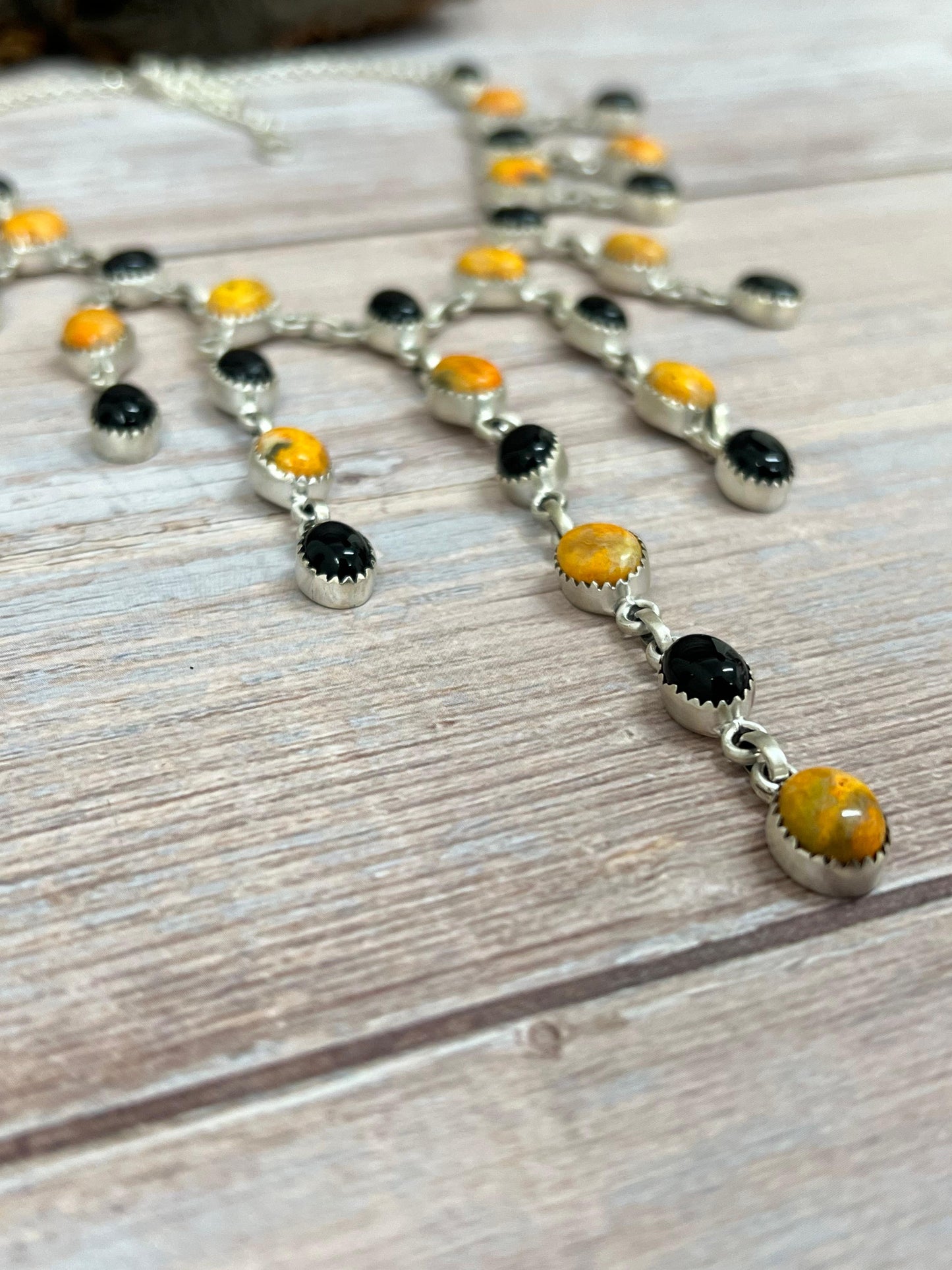 "Halloween Collection" Handmade Sterling Silver Black Onyx, Bumblebee Necklace with Signed Nizhoni