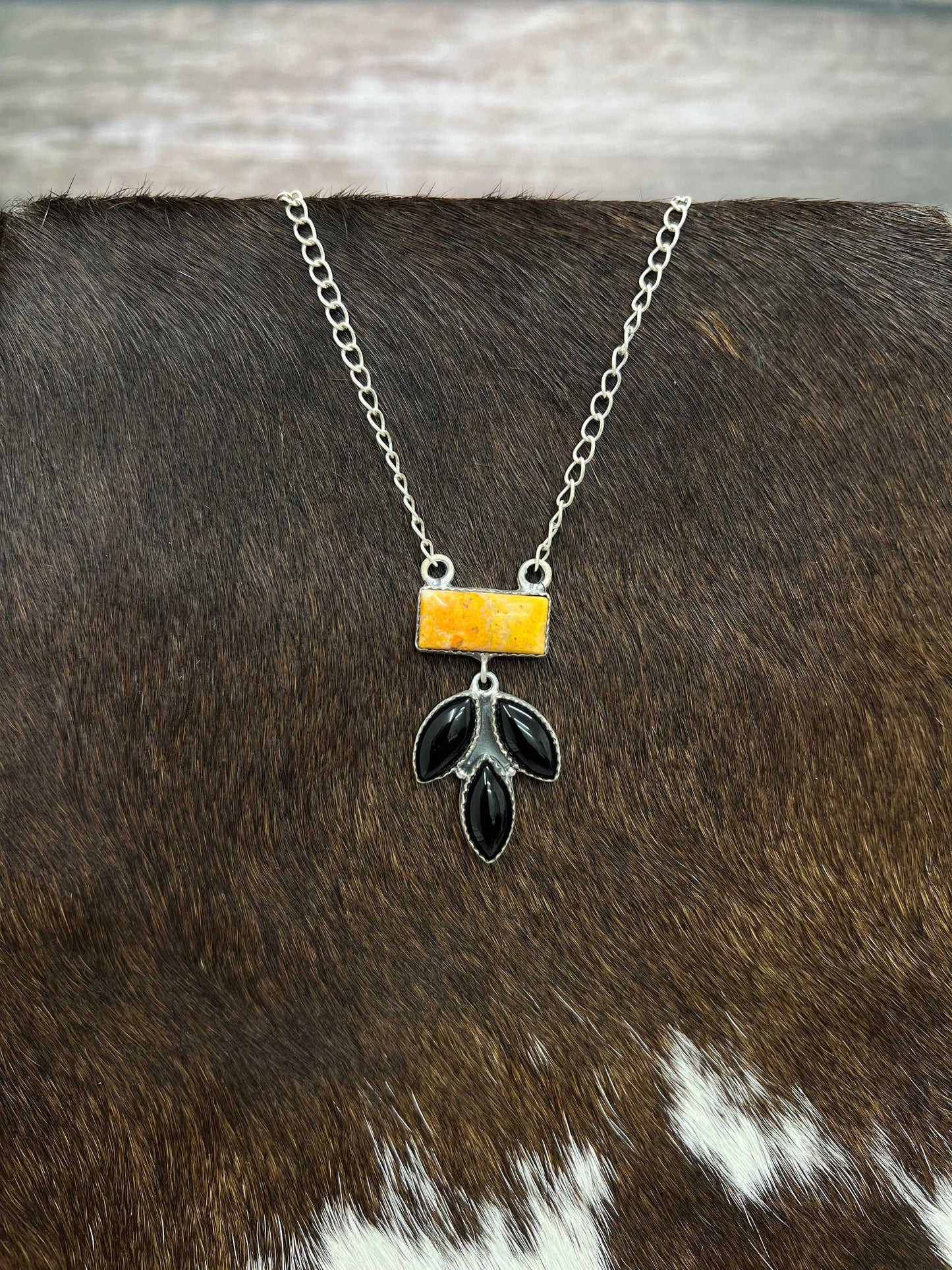 "Halloween Collection" Handmade Sterling Silver Black Onyx, Bumblebee Necklace with Signed Nizhoni