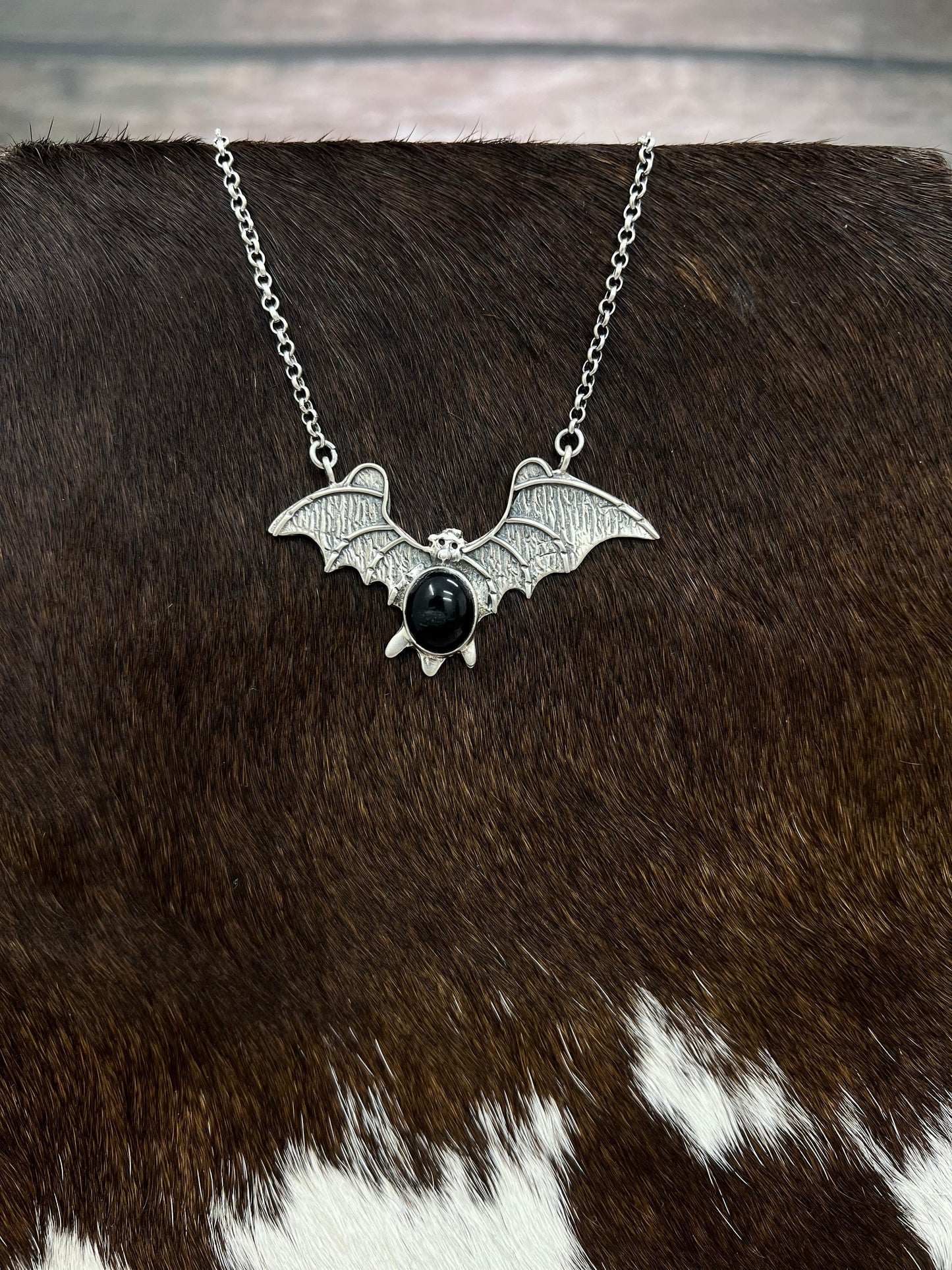 "Halloween Collection" Handmade Sterling Silver Black Onyx Bat Necklace with Signed Nizhoni