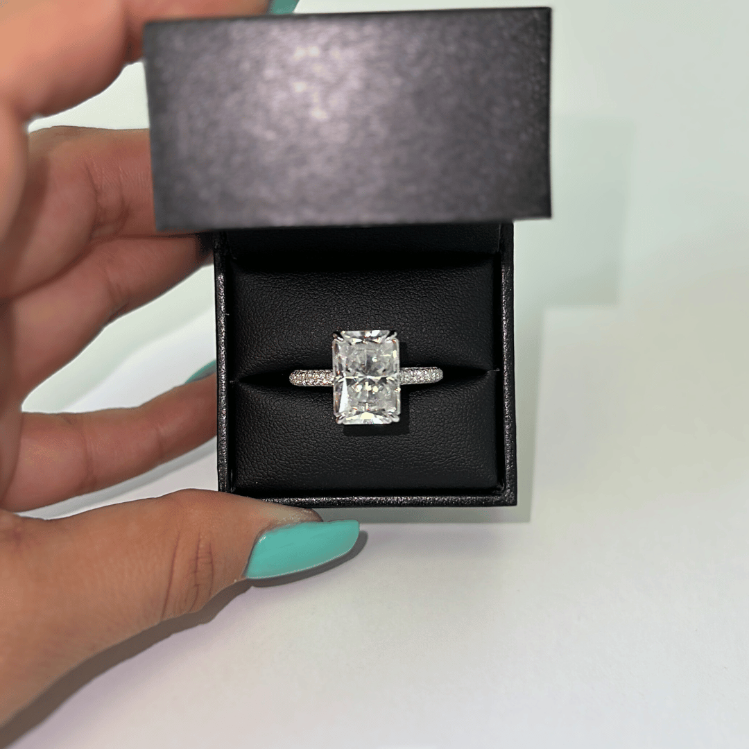 5.0ct Radiant Cut Moissanite Diamond Three Row Pavè Engagement Ring