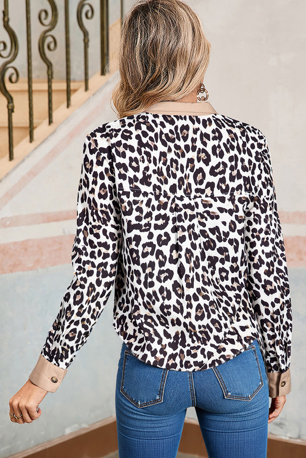 Multicolour Leopard Print Contrast Patchwork Button Collared Top