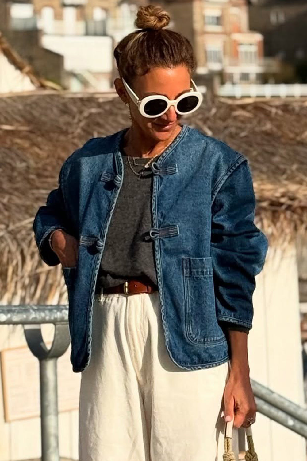 Vintage Fastening Big Patched Pockets Straight Cut Deep Wash Denim Jacket