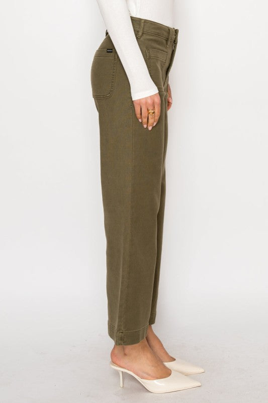 High Rise Crop Olive Color Wash Palazzo Jeans AT2113PZOV