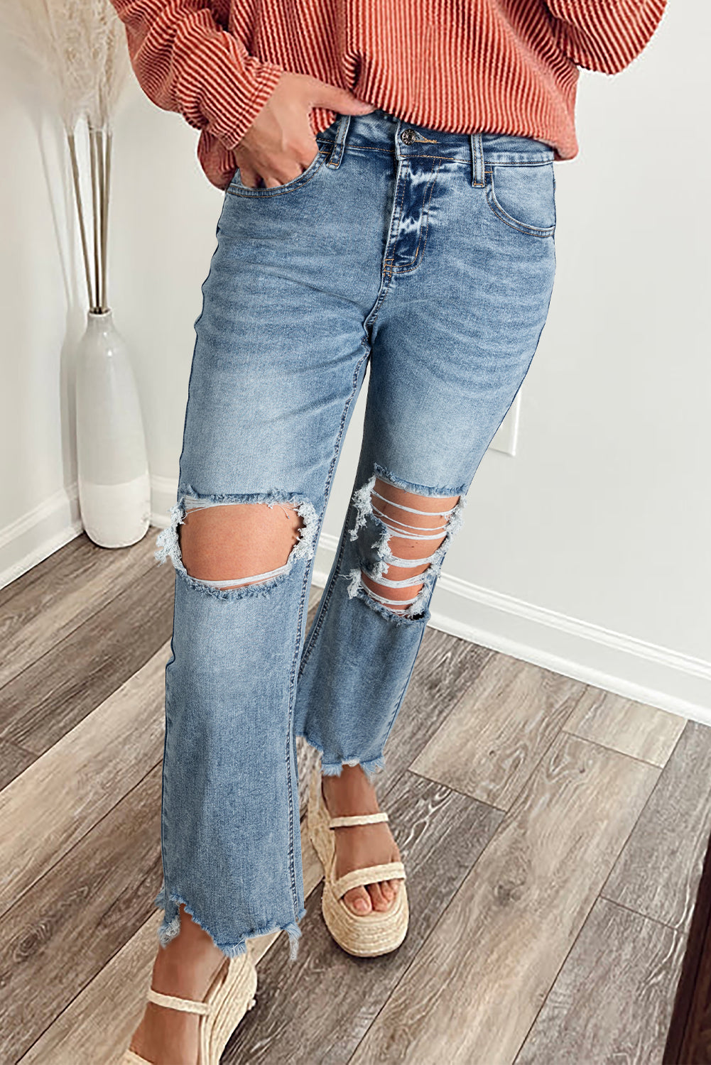 Raw Hem Ripped Open Knee Fit Flare Jeans Myosotis
