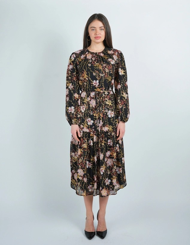 Midnight Floral Bloom Gold Detailed Midi Dress
