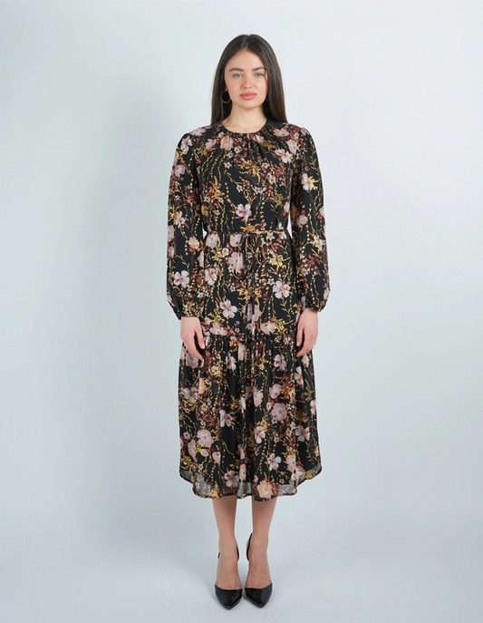 Midnight Floral Bloom Gold Detailed Midi Dress