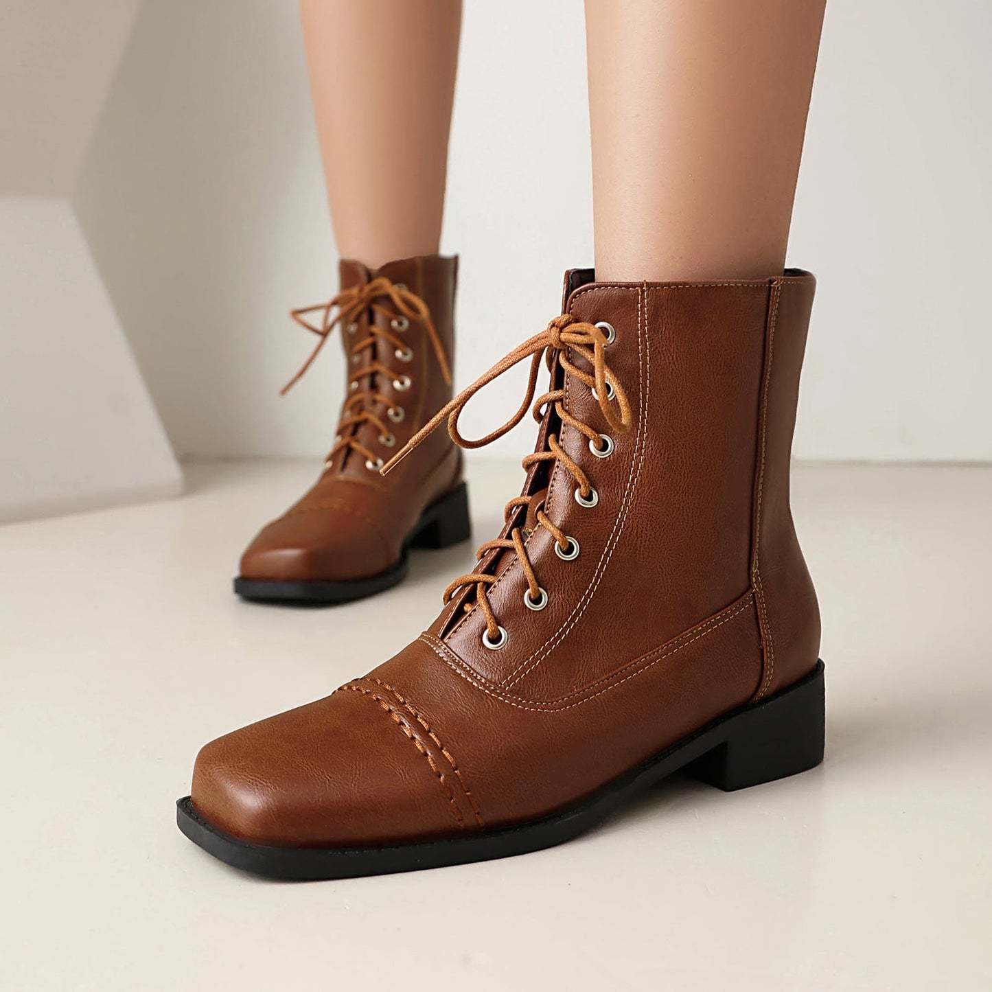 Women’s Lace-Up Square Toe Comfortable Motorcycle Boots