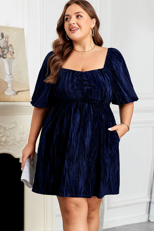 Navy Blue Velvet Ruched Bust Plus Dress with Square Neck and Short Puff Sleeve