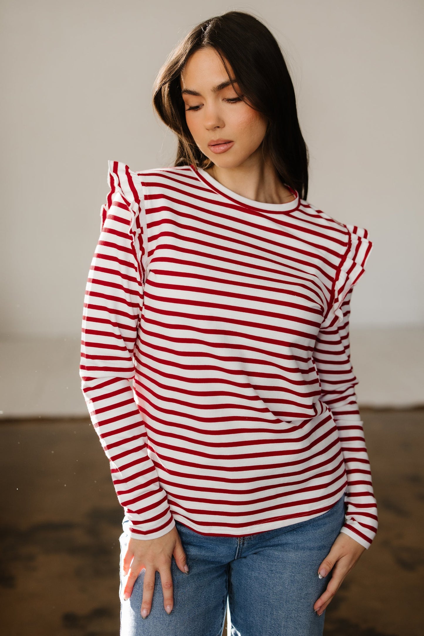 Red Stripe Ruffle Trim Long Sleeve Round Neck Top