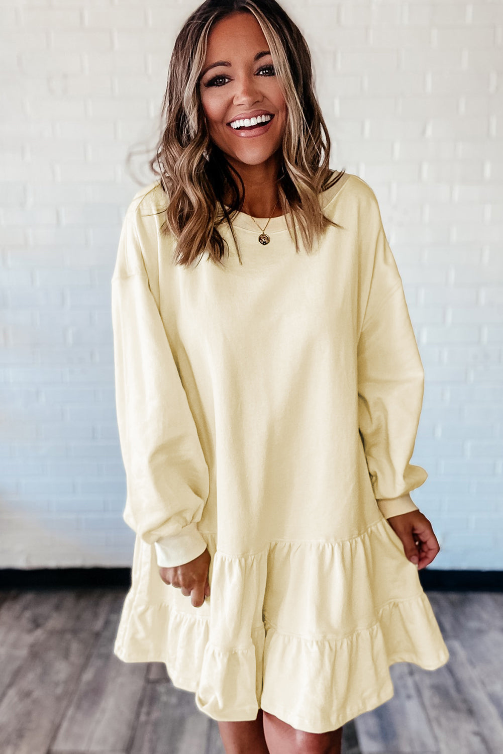 Beige Double Tiered Ruffle Hem Long Sleeve Mini Dress
