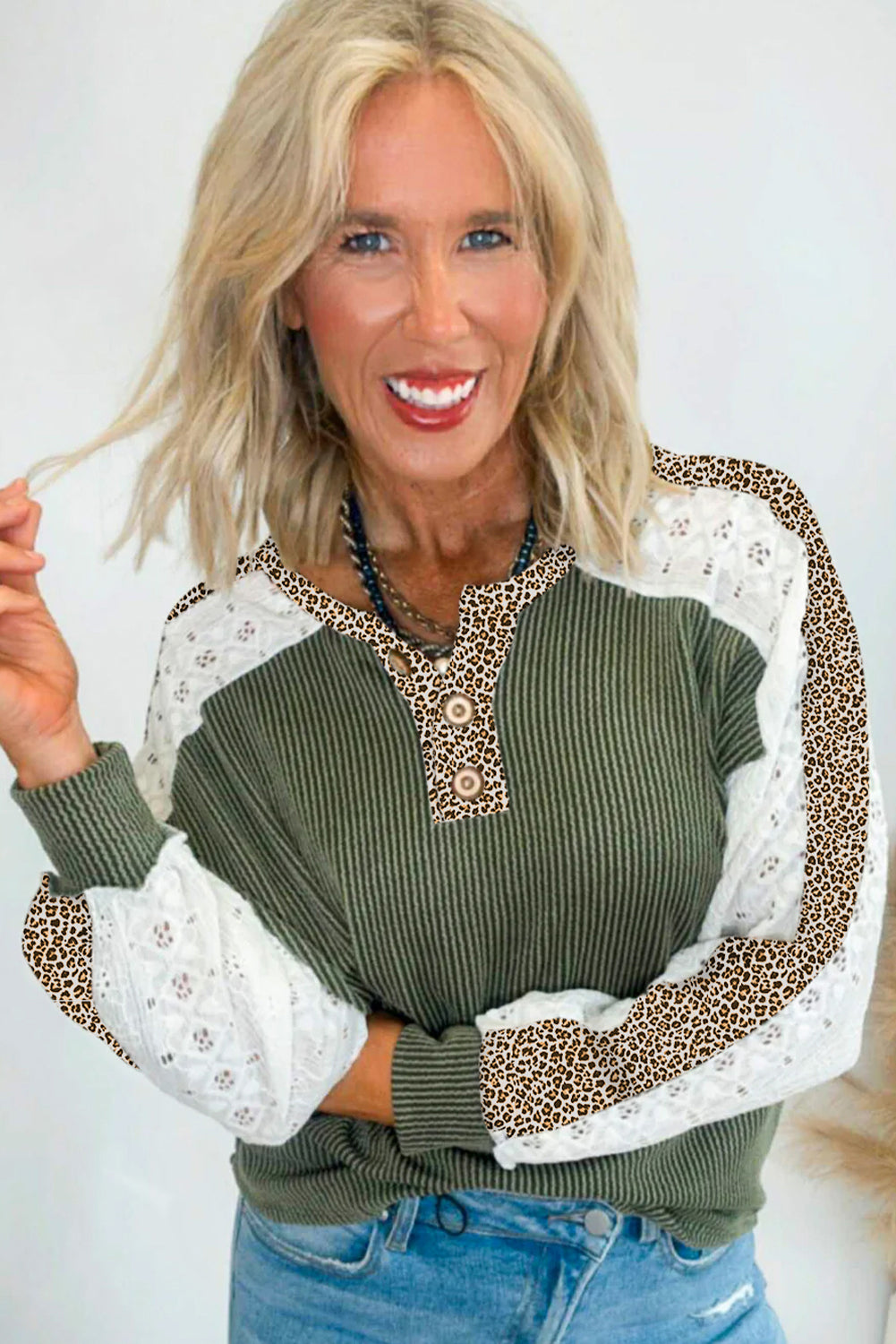 Leopard Patchwork Lace Sleeve Henley Top Medium-High Elasticity Vineyard Green