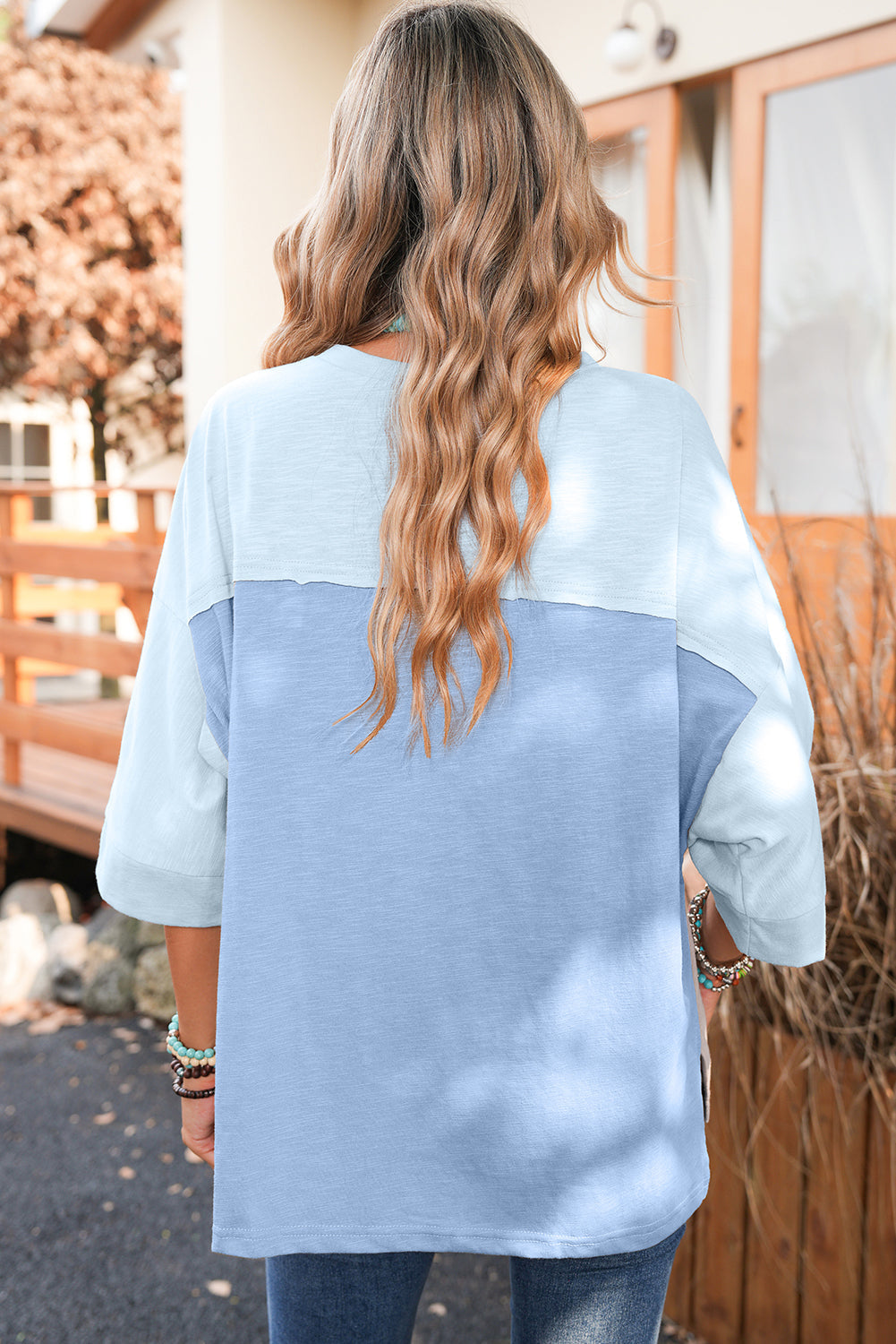 Green Flower Patched Exposed Seam 3/4 Sleeve Top