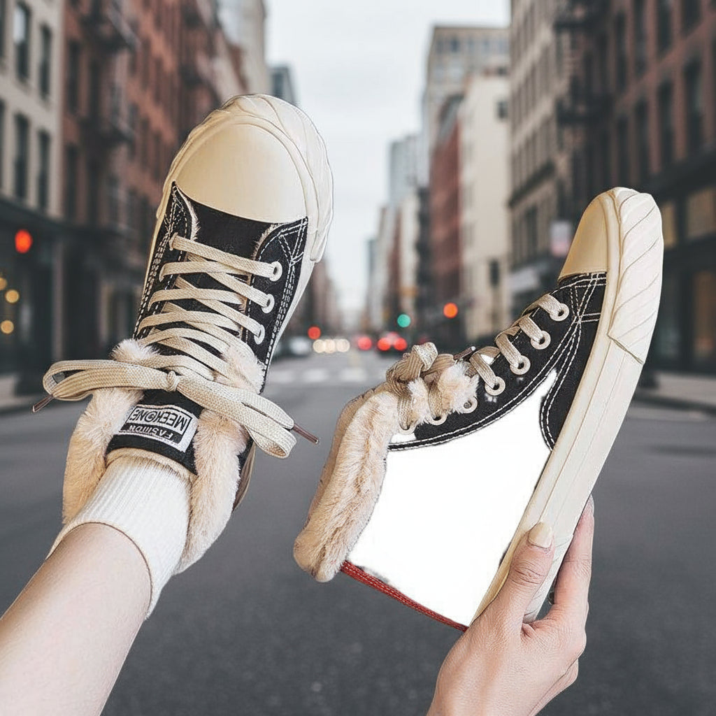 Women’s Warm Velvet High-Top Flat Winter Canvas Shoes