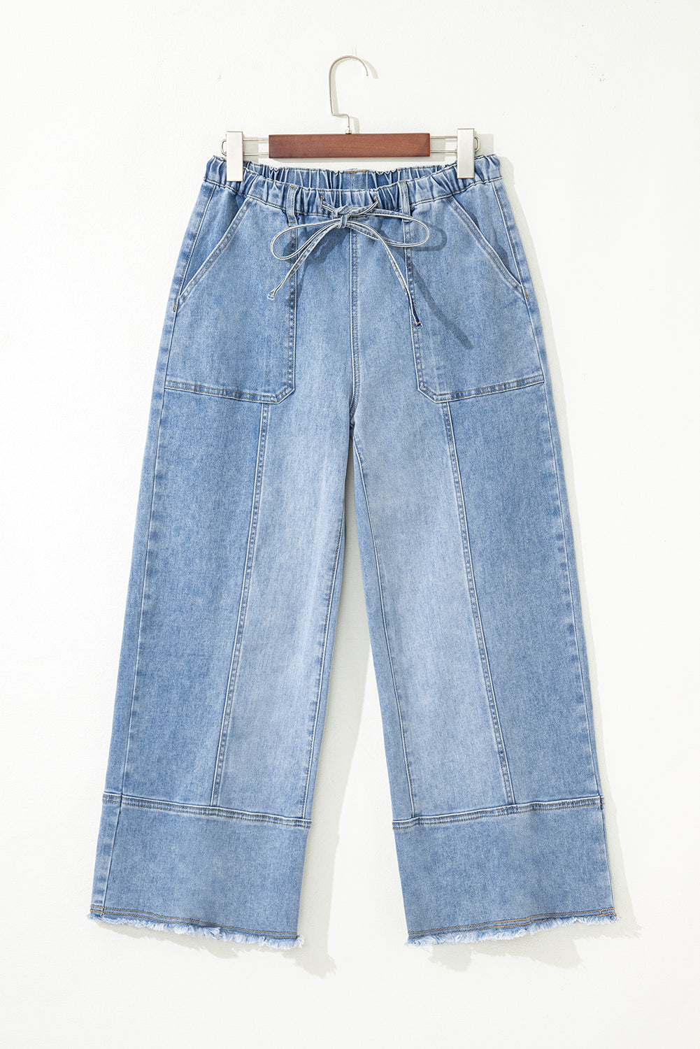 Prussian Blue Drawstring Waist Seam Detail Raw Hem Wide Leg Denim Pants