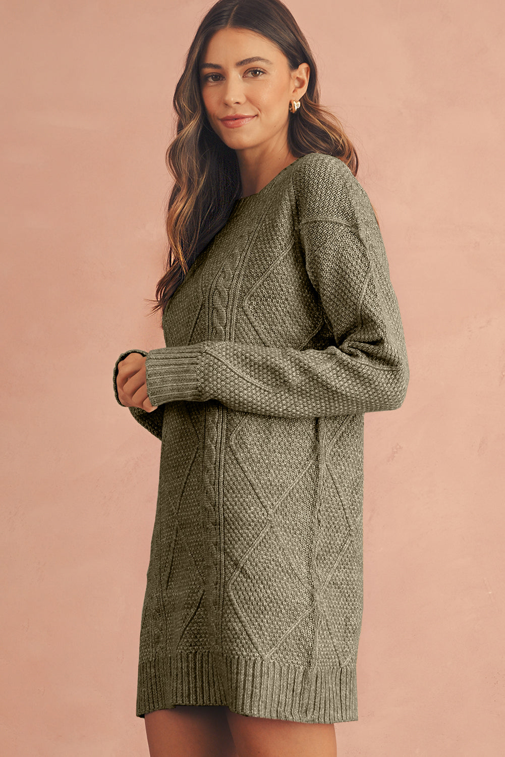 Parchment Twist Cable Knit Loose Fit Sweater Dress