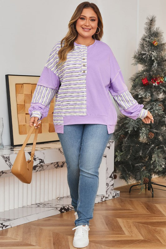 Plus Size Stripe Patchwork Pullover Drop Shoulder The Diamond Empire LLC