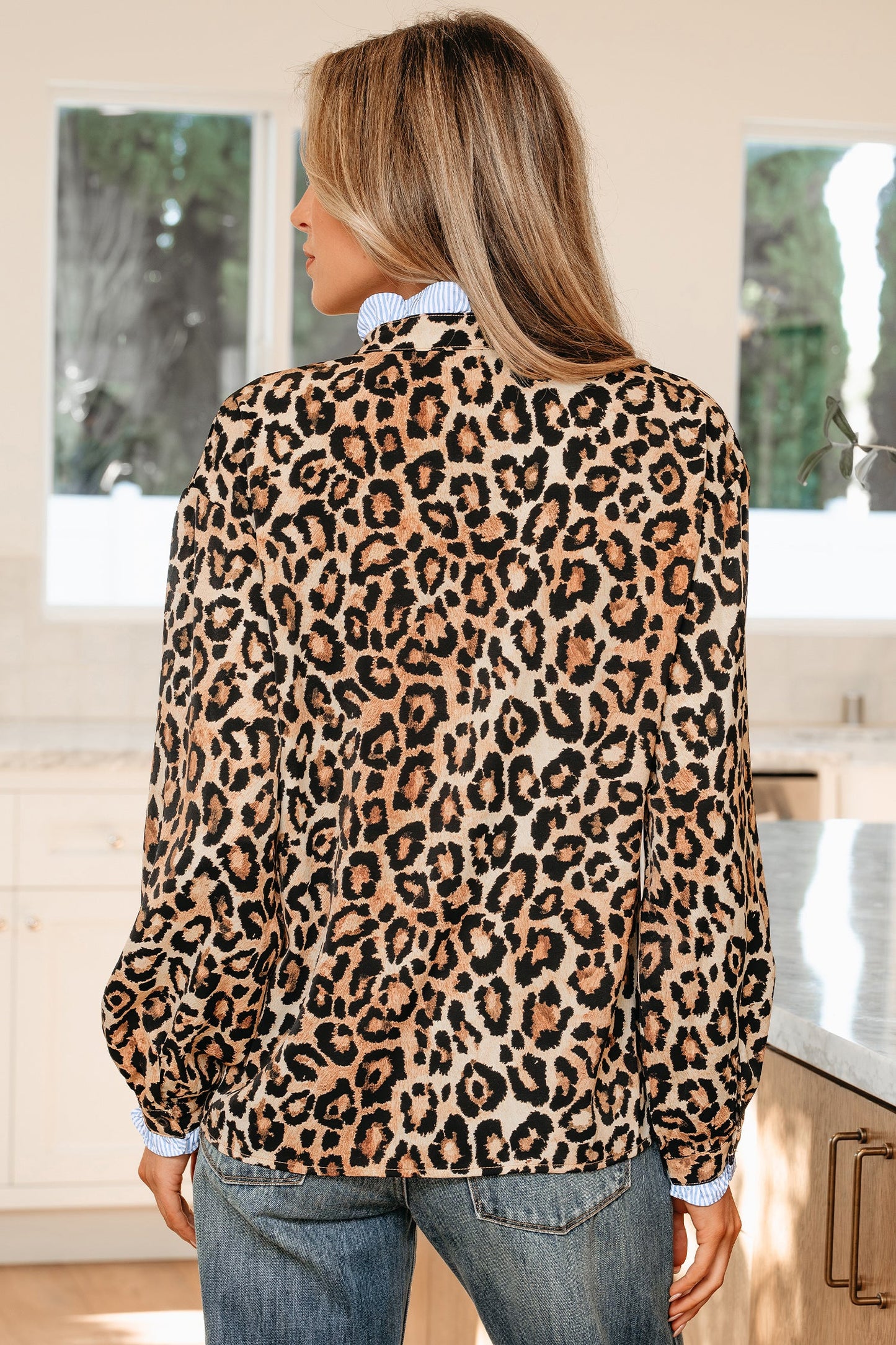 Brown Wild Leopard Print Contrast Striped Frilled Trim Shirt
