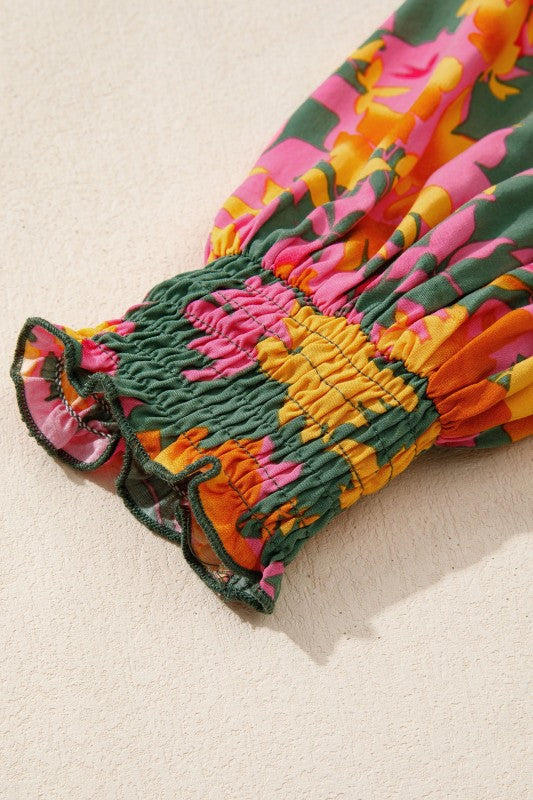 Floral Smocked Long Sleeve Mini Dress with Ruffle Hem