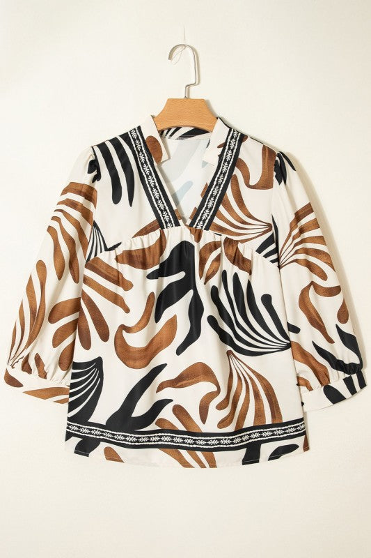 Abstract V-neck Puff Sleeve Blouse Loose Silhouette Blouse