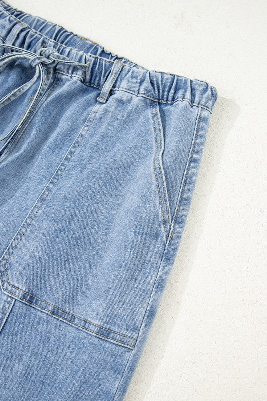 Denim Raw Hem Drawstring Wide Leg Pants
